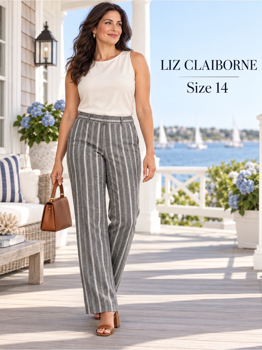 Liz Claiborne Size 14 Striped Linen Cotton Straight Leg Pants Gray Ivory